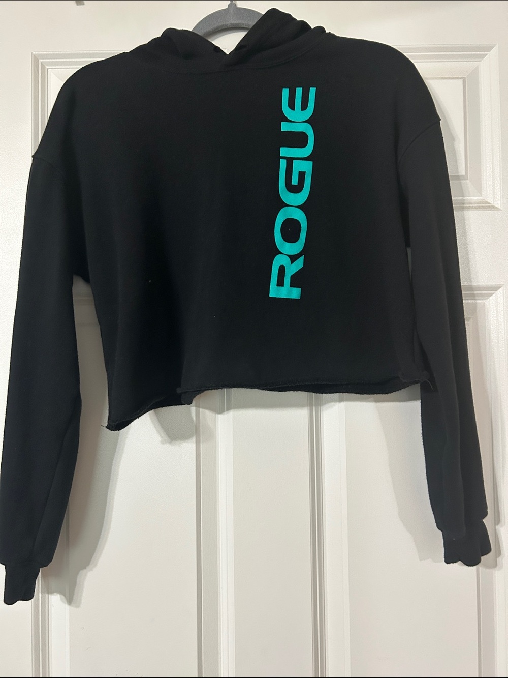 Rogue Black Cropped Hoodie with Teal Vertical Logo